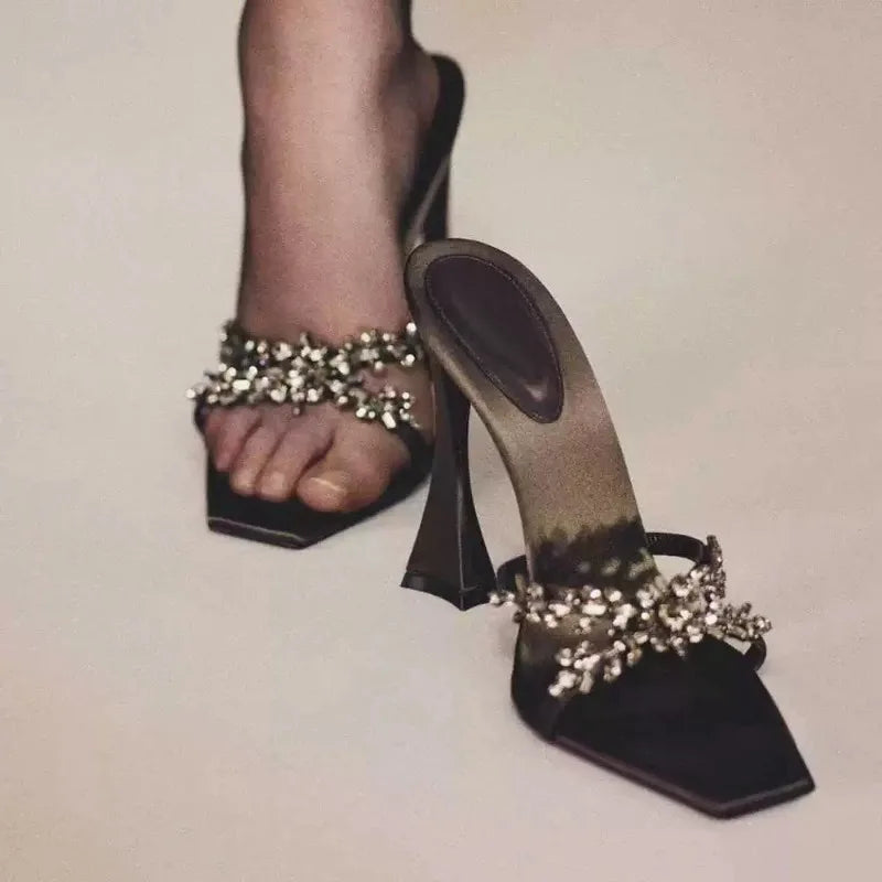 2026 NEW High Quality Luxury Heels Women's Sandals Designer Shoes Rhinestone Square Toe Open Toe Slides Женская Обувь