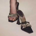 2026 NEW High Quality Luxury Heels Women's Sandals Designer Shoes Rhinestone Square Toe Open Toe Slides Женская Обувь