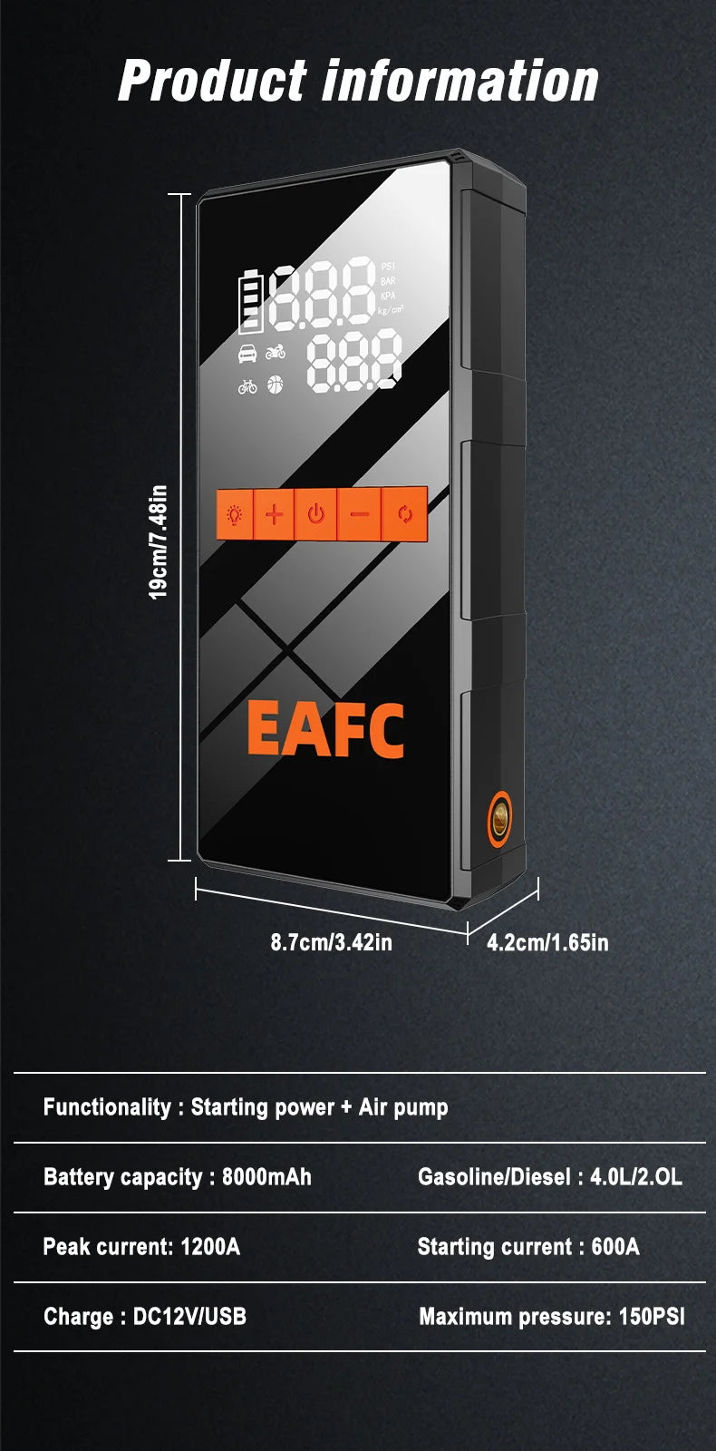 EAFC 1200A Smart Car Jump Starter with 150PSI Air Pump -8000mAh Power Bank  LED Light Smart Inflate for Cars Motorcycles Trucks