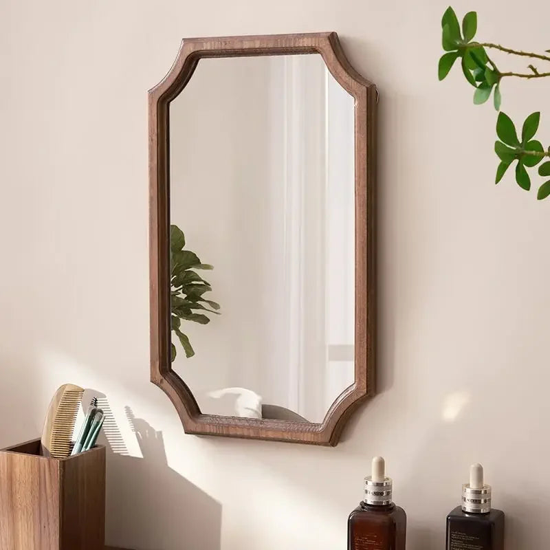 Retro Solid Wood Dressing Mirror Makeup Mirror Wall-mounted Bathroom Toilet Wall-mounted Punch-free Rectangular Bathroom Mirror