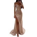 2026 Elegant Off-shoulder Gown Dress V-Neck Sequin Pleated Short Sleeve Waist Tight Maxi Dress Split Evening Party Prom Dress