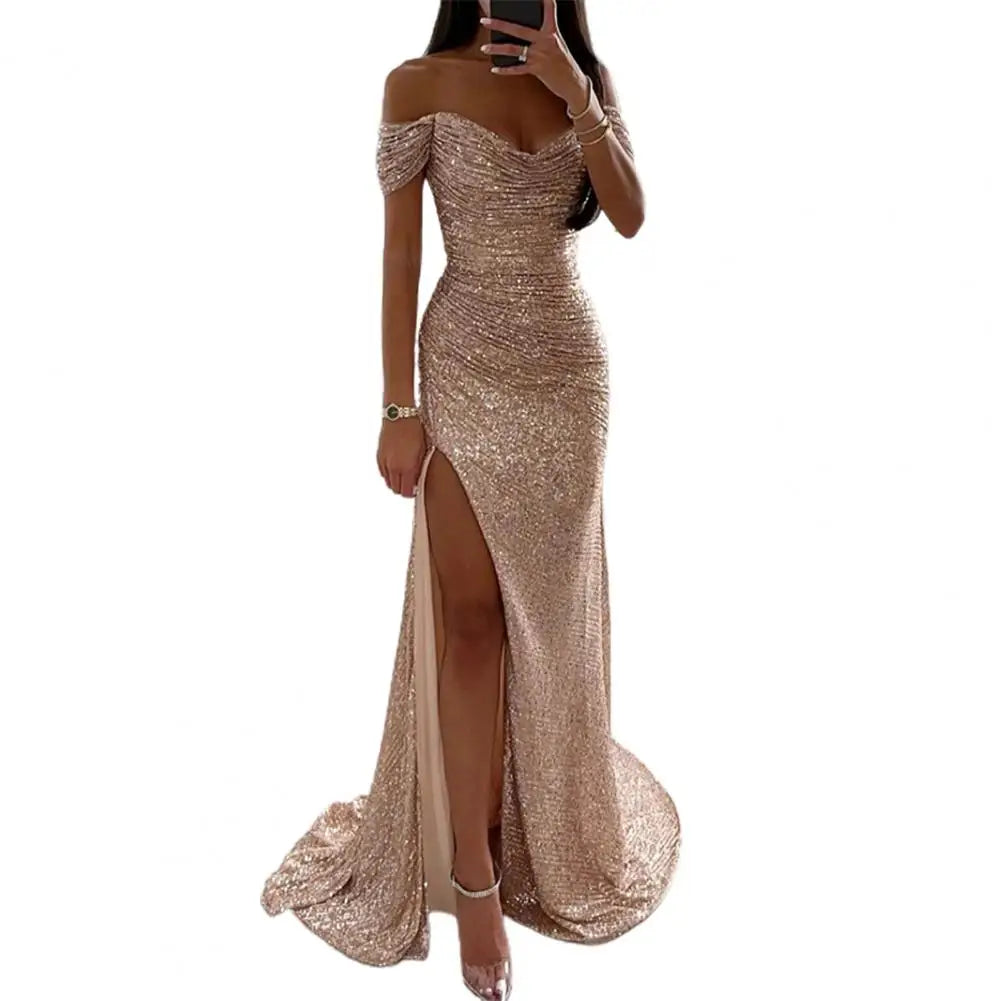 2026 Elegant Off-shoulder Gown Dress V-Neck Sequin Pleated Short Sleeve Waist Tight Maxi Dress Split Evening Party Prom Dress
