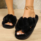 Women's Suede Fur Cross Slippers for Autumn Winter Home Use Thick Soled Non-Slip Slippers Comfortable Warm