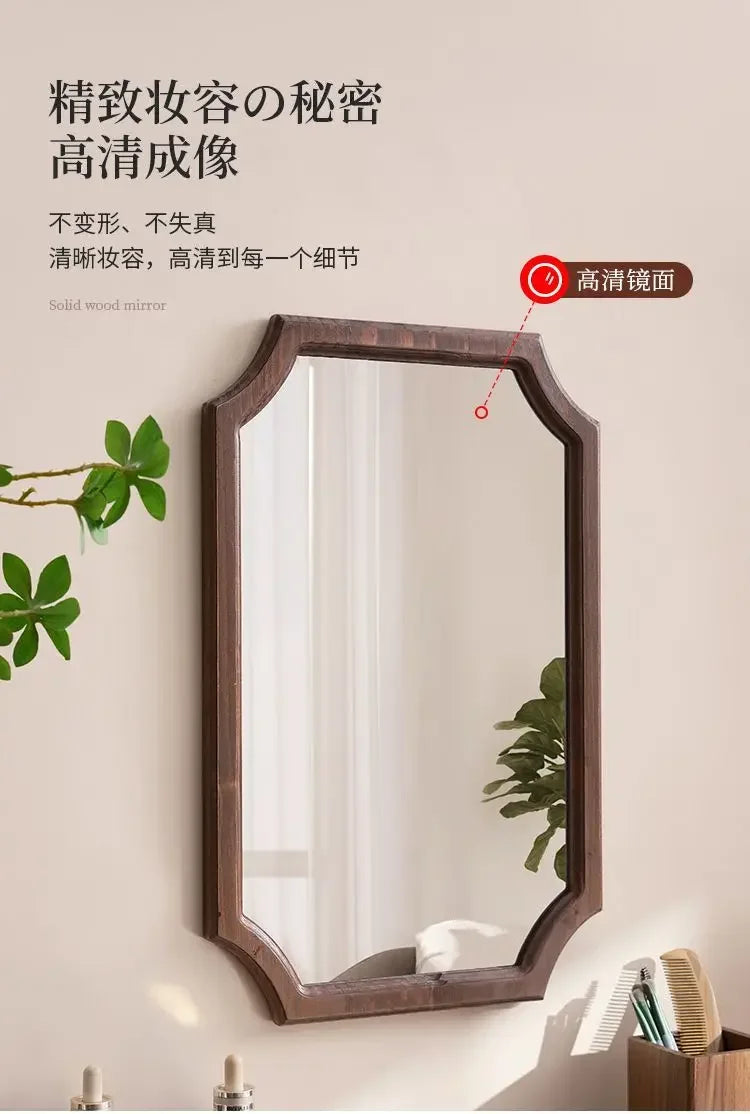 Retro Solid Wood Dressing Mirror Makeup Mirror Wall-mounted Bathroom Toilet Wall-mounted Punch-free Rectangular Bathroom Mirror