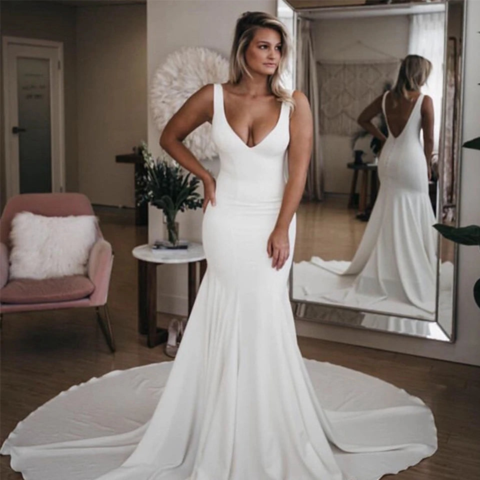 Mermaid Wedding Dresses 2026 Women Elegant Sleeveless White Vestidos De Novia Simple Boho Satin Long Sexy V-Neck Bride Gowns