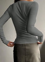 Women Fall Spring Top O Neck Button Long Sleeve Shirts Solid Color Slim Fit Pullover T-shirt Blouse Simple Style Lady Costume