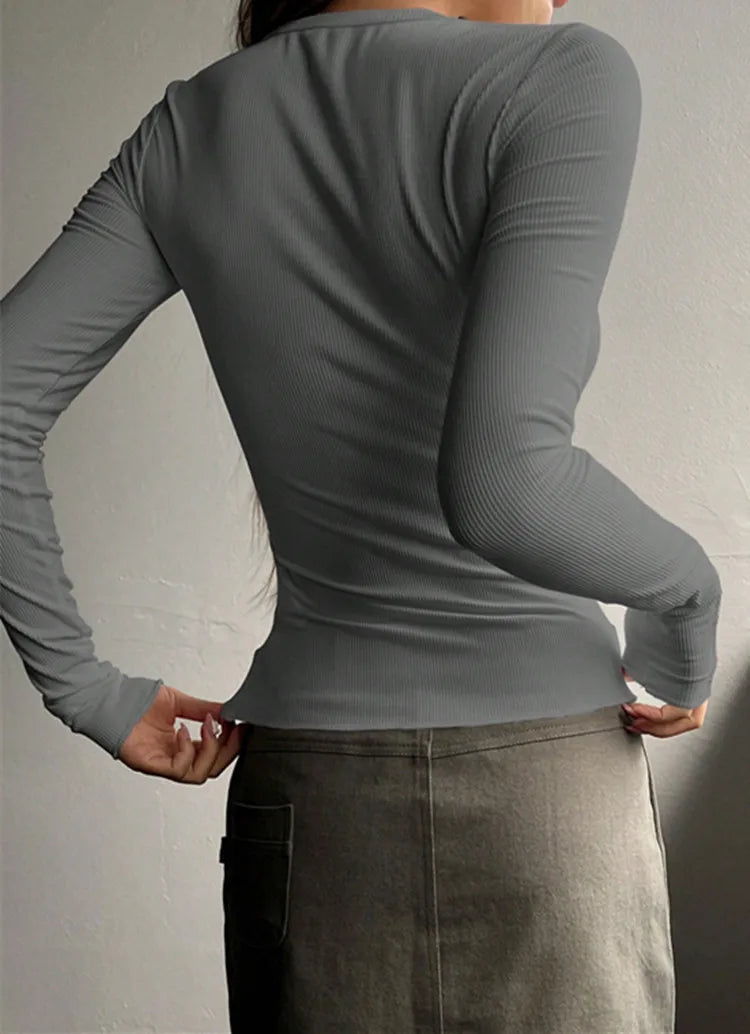 Women Fall Spring Top O Neck Button Long Sleeve Shirts Solid Color Slim Fit Pullover T-shirt Blouse Simple Style Lady Costume