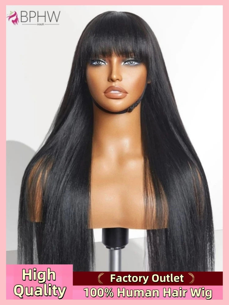 Bone Straight Cheap Wigs 180 Density Full Machine Made Human Hair Wig With Bangs On Clearance Sale Wigs For Women Wholesale BPHW Secondary image