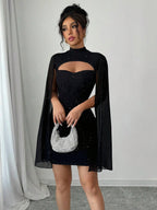 Sexy Women's Stand Collar Cape Mini Dress Sequins Sparkling Club Party Night Out Fitted Bodycon Elegant Autumn Winter 2026