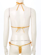Womens Brazilian Micro Bikini Swimsuit Biquini Set Lacing Non-Padded Triangle Cup Bra Top with G-String Metallic Shiny Swimwear