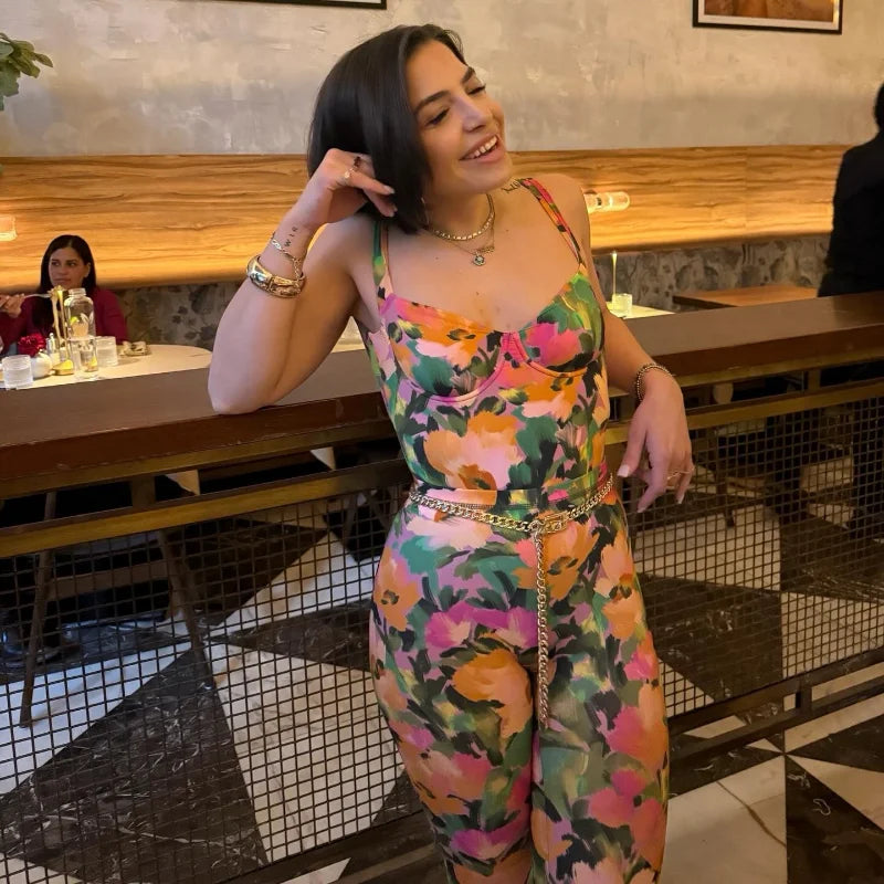 Floral Print Sexy Bodysuit Pant Set Hot Girl Sweetheart Backless Spaghetti Straps Top Elastic Waist Capri Pants Lady Outfit