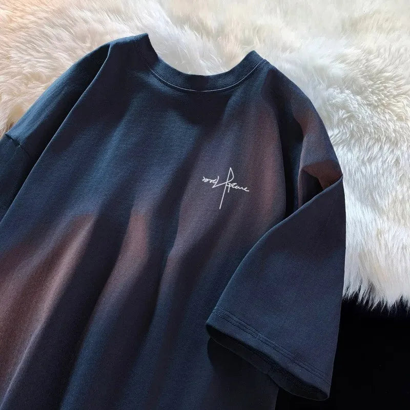 Japanese Minimalist Letter Print M-8XL Large Size Men's Casual Breathable T-shirt Summer Short Sleeved Shirt