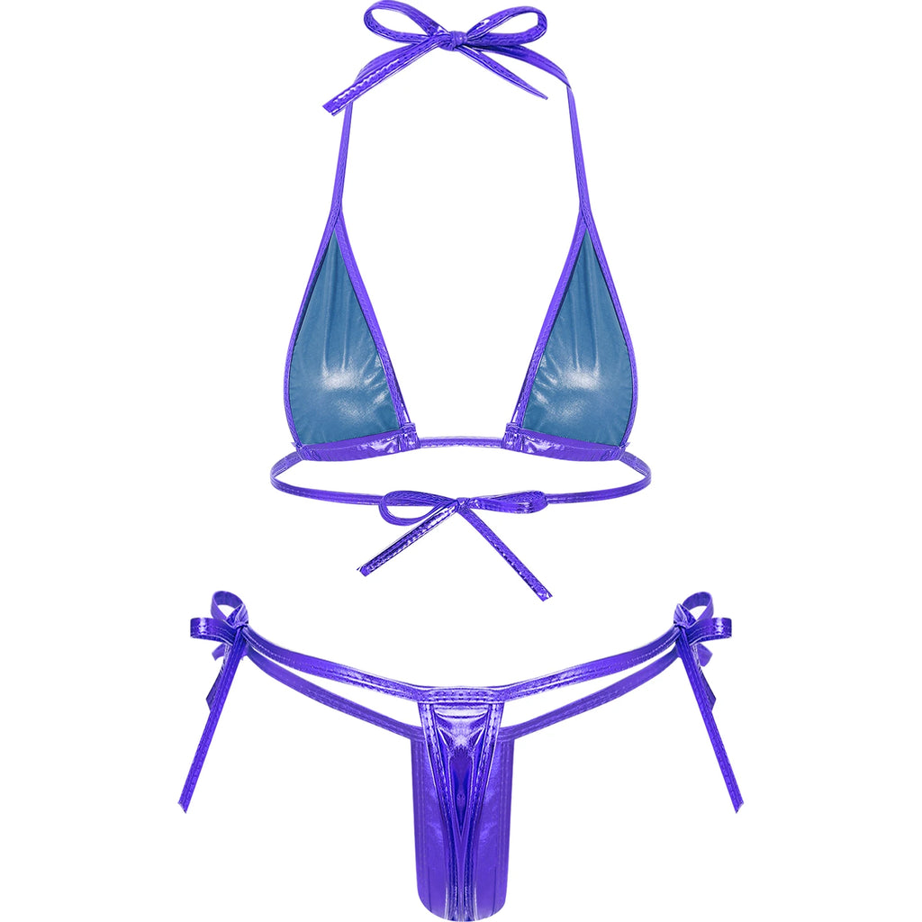 Womens Brazilian Micro Bikini Swimsuit Biquini Set Lacing Non-Padded Triangle Cup Bra Top with G-String Metallic Shiny Swimwear