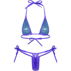 Womens Brazilian Micro Bikini Swimsuit Biquini Set Lacing Non-Padded Triangle Cup Bra Top with G-String Metallic Shiny Swimwear