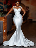 Custom Plus Size African Mermaid Wedding Dresses Long Illusion Sleeves Pearls Aso Ebi Style Beading Bridal Gown Vestido De Novia
