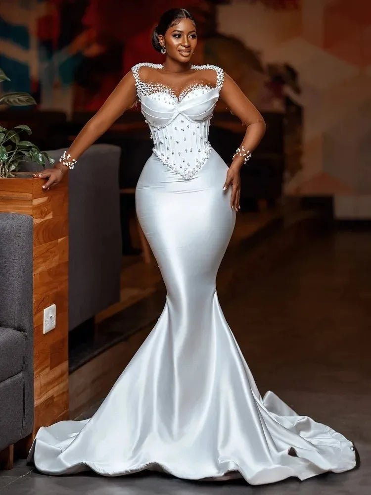 Custom Plus Size African Mermaid Wedding Dresses Long Illusion Sleeves Pearls Aso Ebi Style Beading Bridal Gown Vestido De Novia