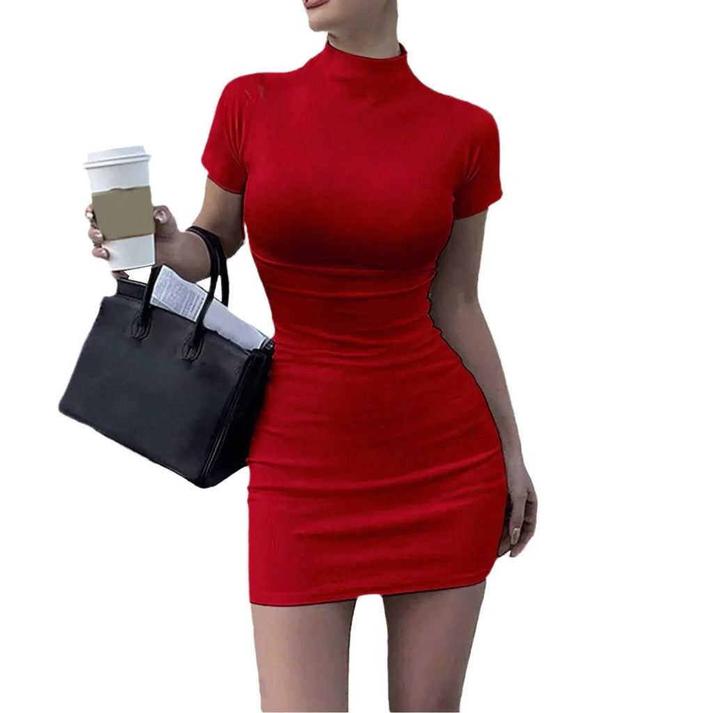 Bodycon Dresses For Women 2024 High Neck Thigh Length Short Sleeve Fitted Women'S Valentines Going Out Club Date Night Outfit