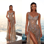 Gorgeous Evening Dresses Beads Sparkly Sequins Side Split Sweep Train Backless Zipper Prom Dress Vestido De Noite Customized