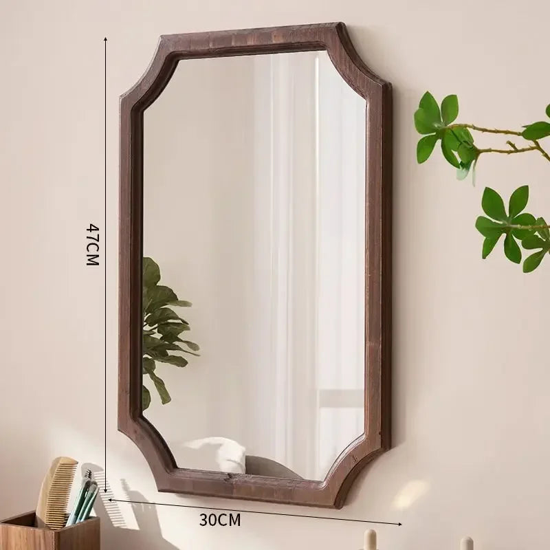 Retro Solid Wood Dressing Mirror Makeup Mirror Wall-mounted Bathroom Toilet Wall-mounted Punch-free Rectangular Bathroom Mirror