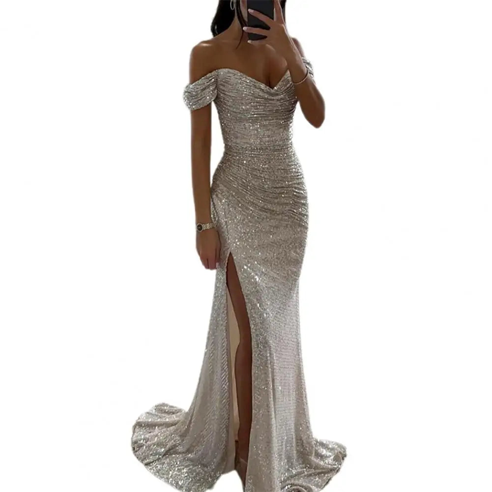 2026 Elegant Off-shoulder Gown Dress V-Neck Sequin Pleated Short Sleeve Waist Tight Maxi Dress Split Evening Party Prom Dress