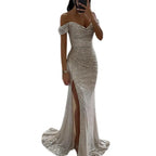 2026 Elegant Off-shoulder Gown Dress V-Neck Sequin Pleated Short Sleeve Waist Tight Maxi Dress Split Evening Party Prom Dress