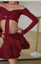Latin Dance set Clothes Girls Long SLeeves Short Top Skirt Cha cha samba Performance Competition Dress Burgundy Black Dress Kids