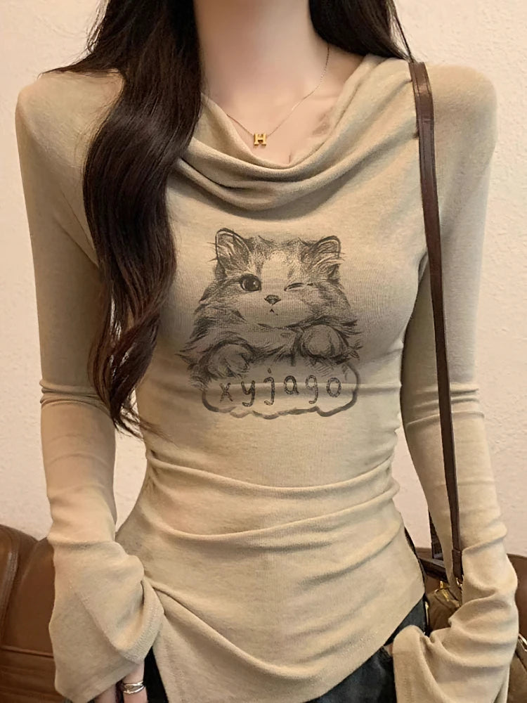 Y2k Cat Long sleeve T-shirt Women Luxury Korean Graphic Off shoulder Top Casual Lady Basic Tees Slim Sexy Secondary image