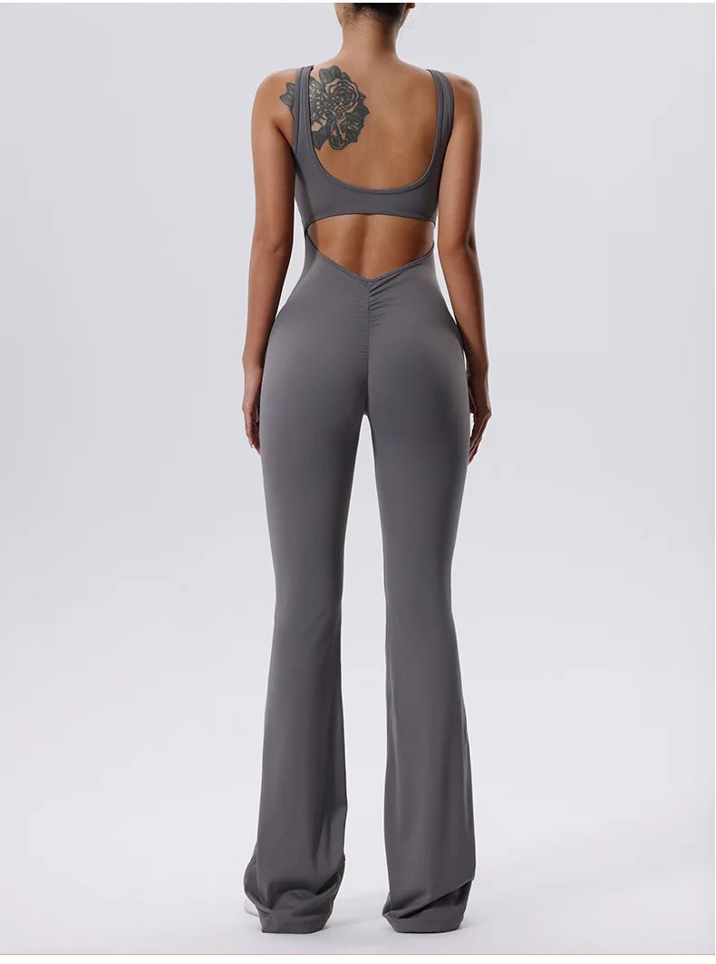 V Back Scrunch Gym Set Women Sport One-Piece Suit Yoga Suit Flared Pants Women Sports Jumpsuit Fitness Rompers Workout Bodysuits