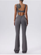 V Back Scrunch Gym Set Women Sport One-Piece Suit Yoga Suit Flared Pants Women Sports Jumpsuit Fitness Rompers Workout Bodysuits