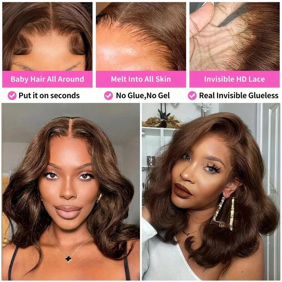 Chocolate Brown Body Wave Lace Front Wig Human Hair 220 Density Frontal Lace Wigs 30 Inch 13x6 HD Transparent Lace Human Wigs