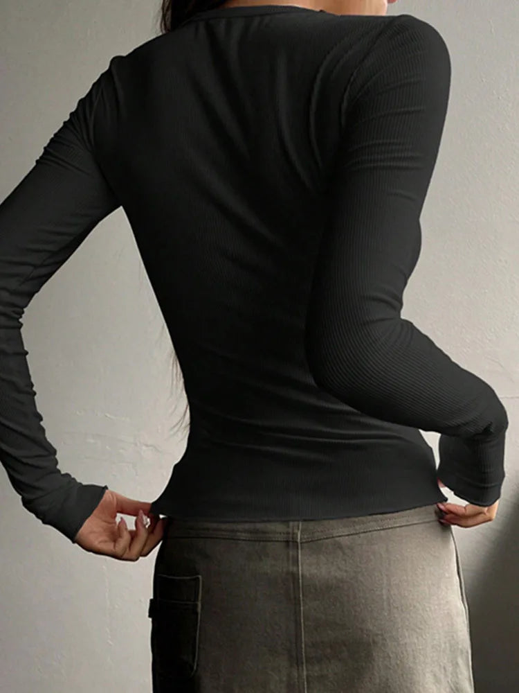 Women Fall Spring Top O Neck Button Long Sleeve Shirts Solid Color Slim Fit Pullover T-shirt Blouse Simple Style Lady Costume