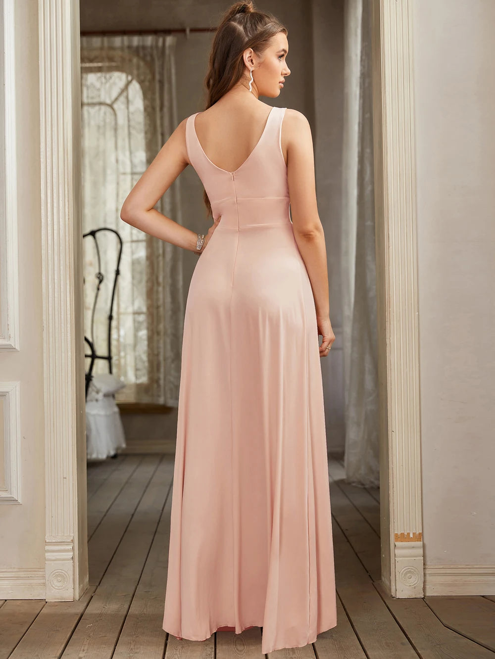 Women Evening Dresses 202 Sister Group Sexy Split V Neck Backless Sleeveless Formal Wedding Party Prom Gowns Bridesmaid Vestido