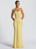 kliou Patchwork Elegant Women Maxi Dress Classic Sexy Sheer Ribbons Halter Backless Bodycon Female Trend Festival Evening Wear