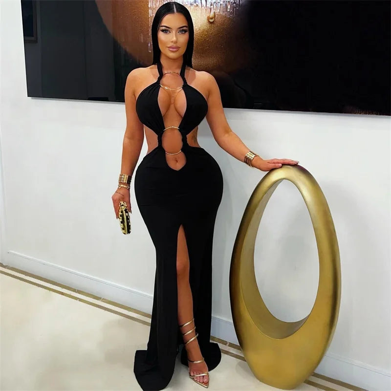 Sexy Halter Backless Mermaid Evening Dresses Woman Nightclub Prom Celebrity Metal Ring Bandage High Split Party Long Dress Robes Main image
