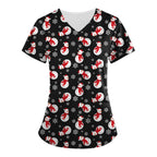 Christmas Clinical Uniform Woman Cartoon Print Uniforms Casual V-Neck Nurse Uniform Woman Tops With Pocket Scrub Tops