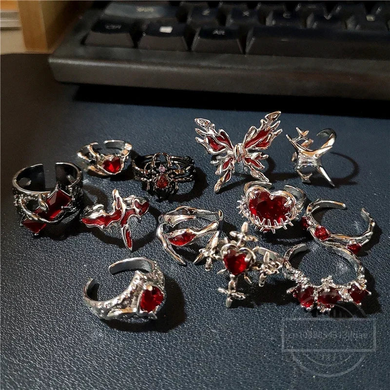 Irregular Red Crystal Glass Heart Aesthetic Rings For Women Y2K Gothic Animal Spider Ring Creative Grunge Jewelry Accessories Secondary image