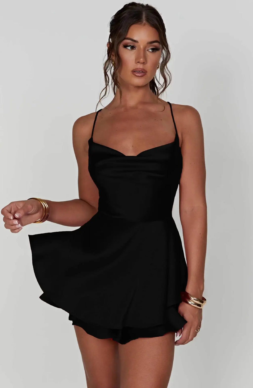 Sexy Women's Backless Dress Cross Strap Sleeveless Round Neck Short Summer Pure Color Satin Evening Dress Jumpsuit Vest Club Bar Nightclub Outfit