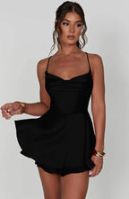 Sexy Women's Backless Dress Cross Strap Sleeveless Round Neck Short Summer Pure Color Satin Evening Dress Jumpsuit Vest Club Bar Nightclub Outfit