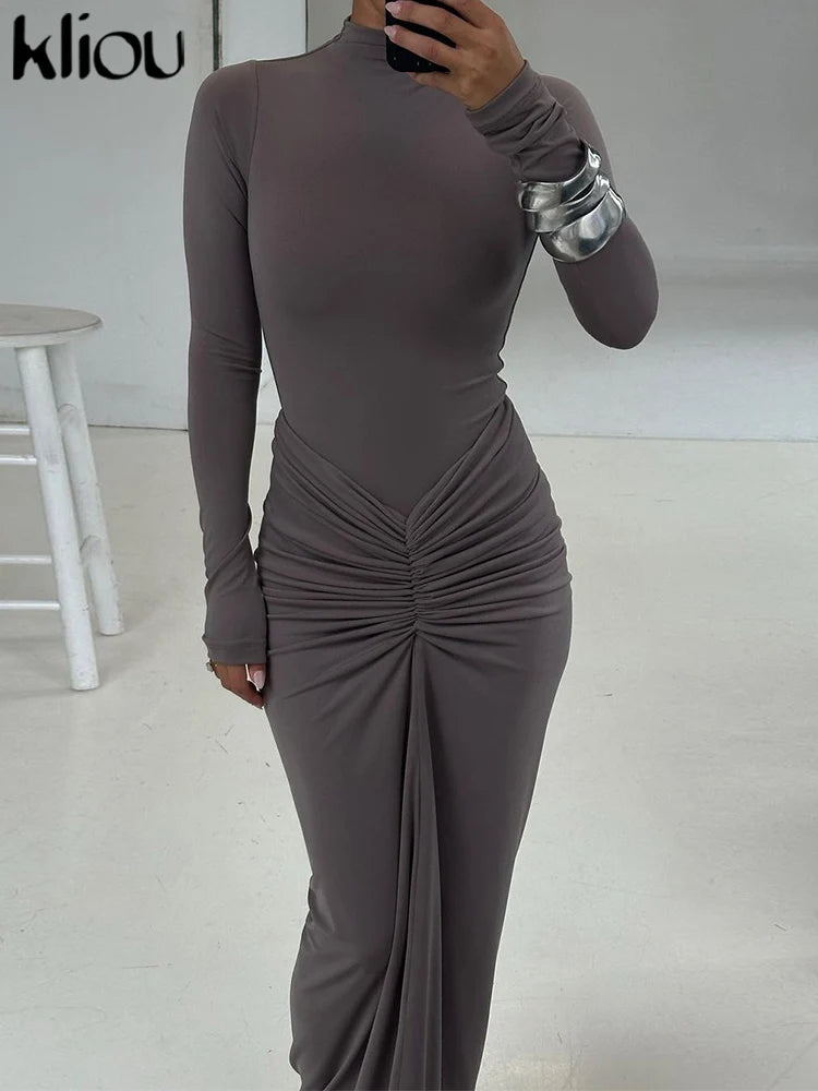 kliou Shirring Women Classic Maxi Dress Autumn New Solid Long Sleeve High Collar Body-shaping Vestidos Mujer Concise Trend Robe Secondary image