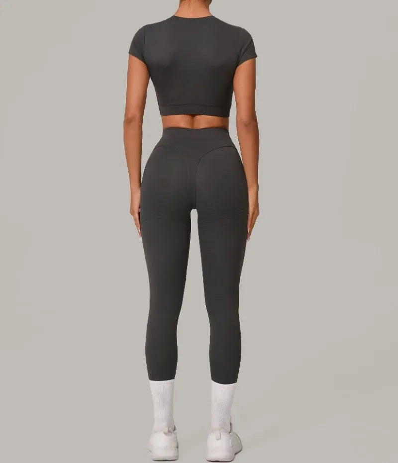 Gym Workout Yoga Fitness Sports Suit Short-sleeved Top Padded-free High-waisted Hip-lifting Trousers Outdoors Leisure Sportswear