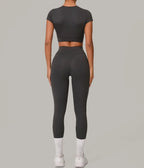 Gym Workout Yoga Fitness Sports Suit Short-sleeved Top Padded-free High-waisted Hip-lifting Trousers Outdoors Leisure Sportswear