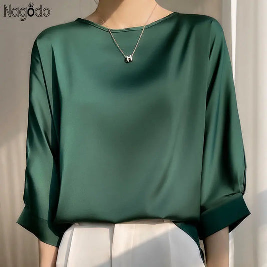 New In Summer Satin Silk Half-Sleeve Tee Tops Basic Solid Women‘s T-Shirt Casual O-neck Thin Shirts Ladies Loose Blouses
