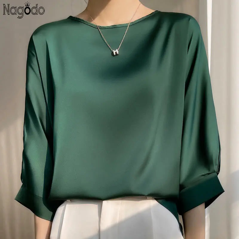 New In Summer Satin Silk Half-Sleeve Tee Tops Basic Solid Women‘s T-Shirt Casual O-neck Thin Shirts Ladies Loose Blouses Main image