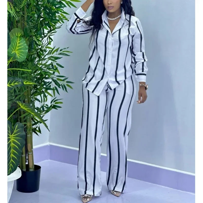 African Fashion Stripe Two Piece Set Women Spring Autumn Casual Button Long Sleeved Shirt Wide Leg Pants Two Piece Set Women Main image