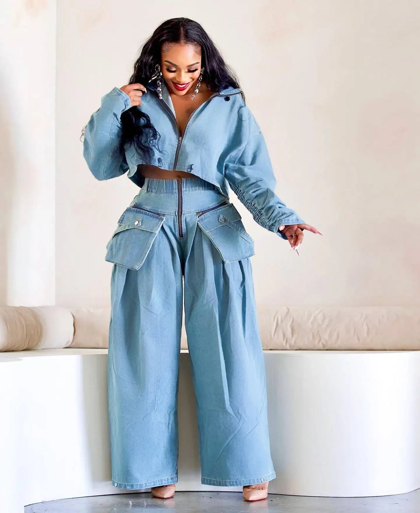 Denim Two Piece Sets Women Coat Jacket Wide Leg Pants Jeans Suits Matching Sets Trousers Outfits 2025/2026 Y2k Streetwear Party