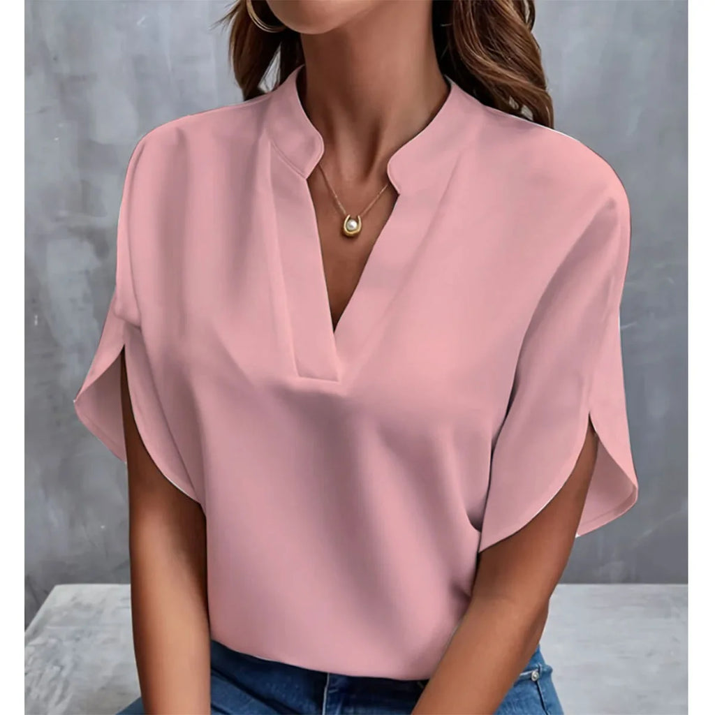 1pcs Woman New Summer Solid Color Shirts Lady Casual Short Sleeve V-neck Collar Loose Shirts Female Fashion Pullover Tops