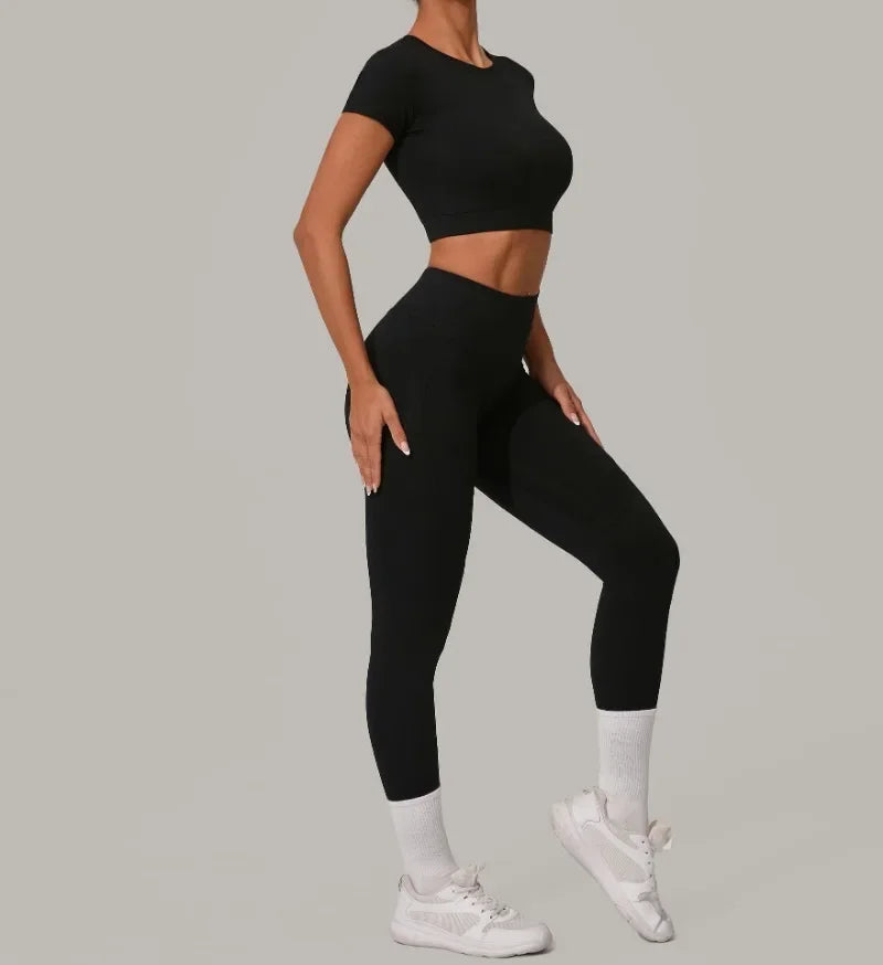 Gym Workout Yoga Fitness Sports Suit Short-sleeved Top Padded-free High-waisted Hip-lifting Trousers Outdoors Leisure Sportswear