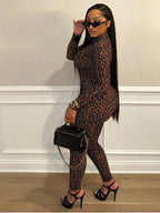 Nibber See Through Sexy Leopard Mesh Jumpsuit Women Sexy Hipster Zip Stretch Midnight Workout Autumn Fitness Street Overalls
