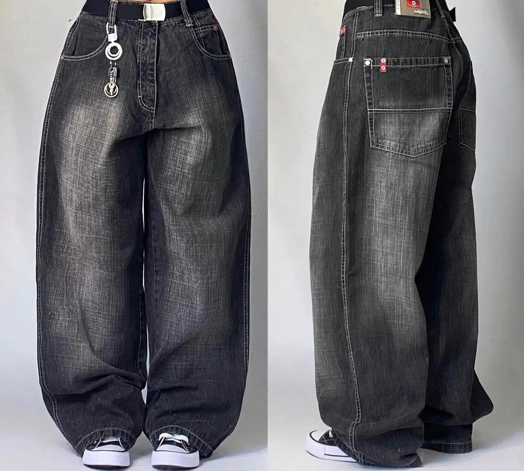 Harajuku Vintage Hip-hop Pop Letters Embroidered Washed Baggy Jeans Ladies Y2K Gothic Fashion Casual High Waist Wide Leg Pants