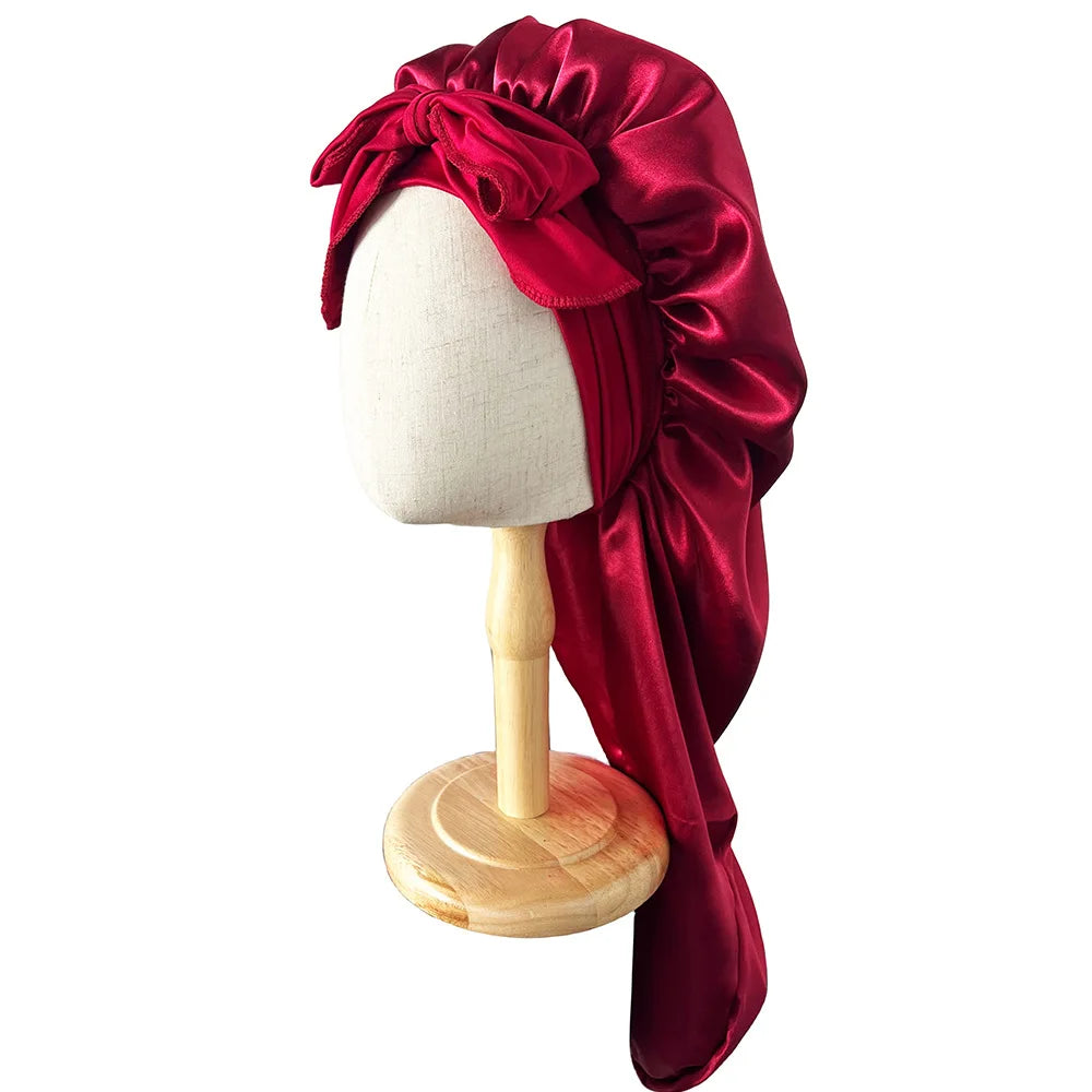 Women Bonnet Satin Sleeping Hat Long Tail Braid Hair Night Sleep Cap Head Cover Bonnets Shower Caps for Sauna Bathing Bonnet